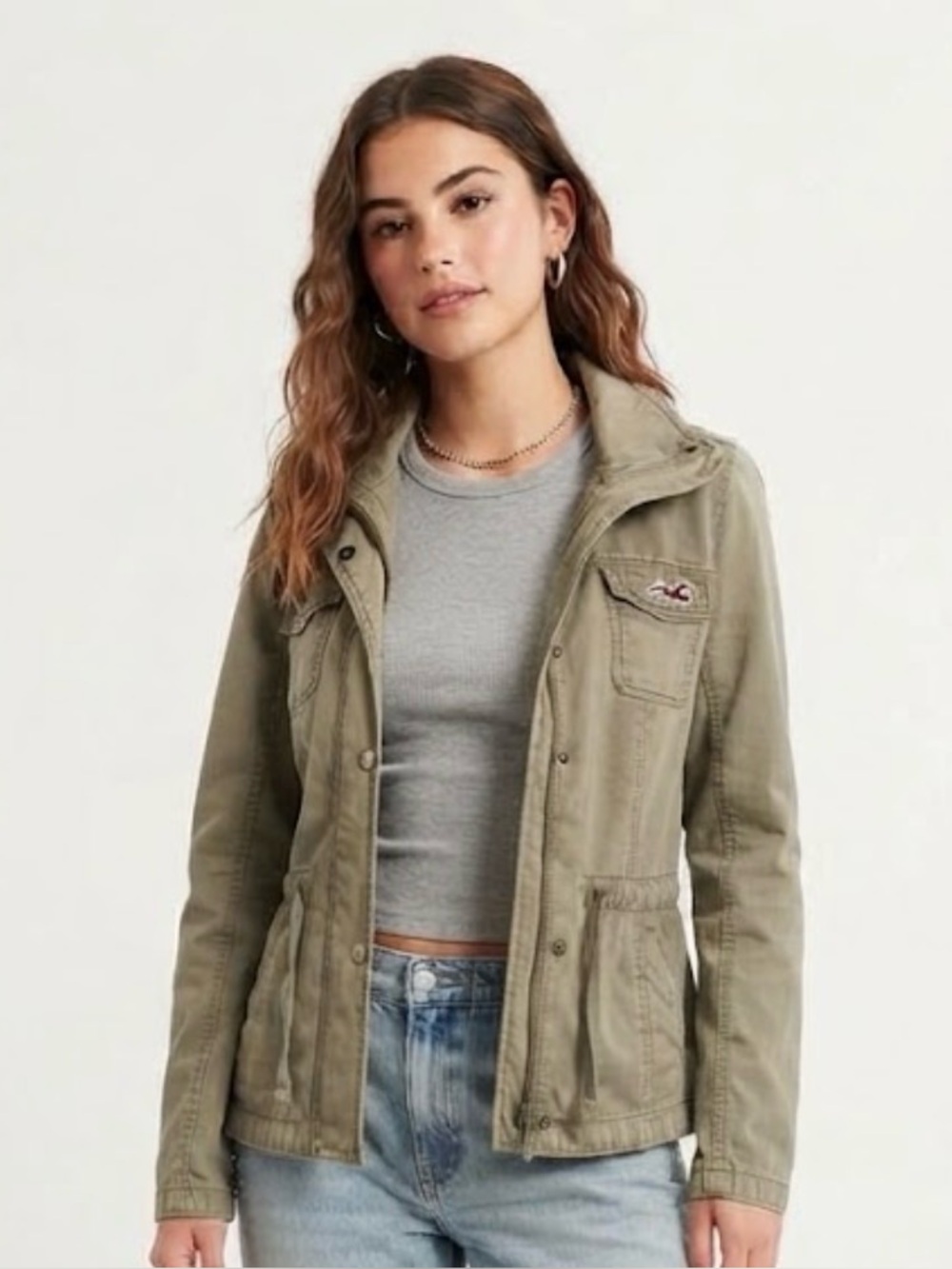 Hollister Olive Green Military Utility Jacket Cargo Field Coat Size Small Y2K